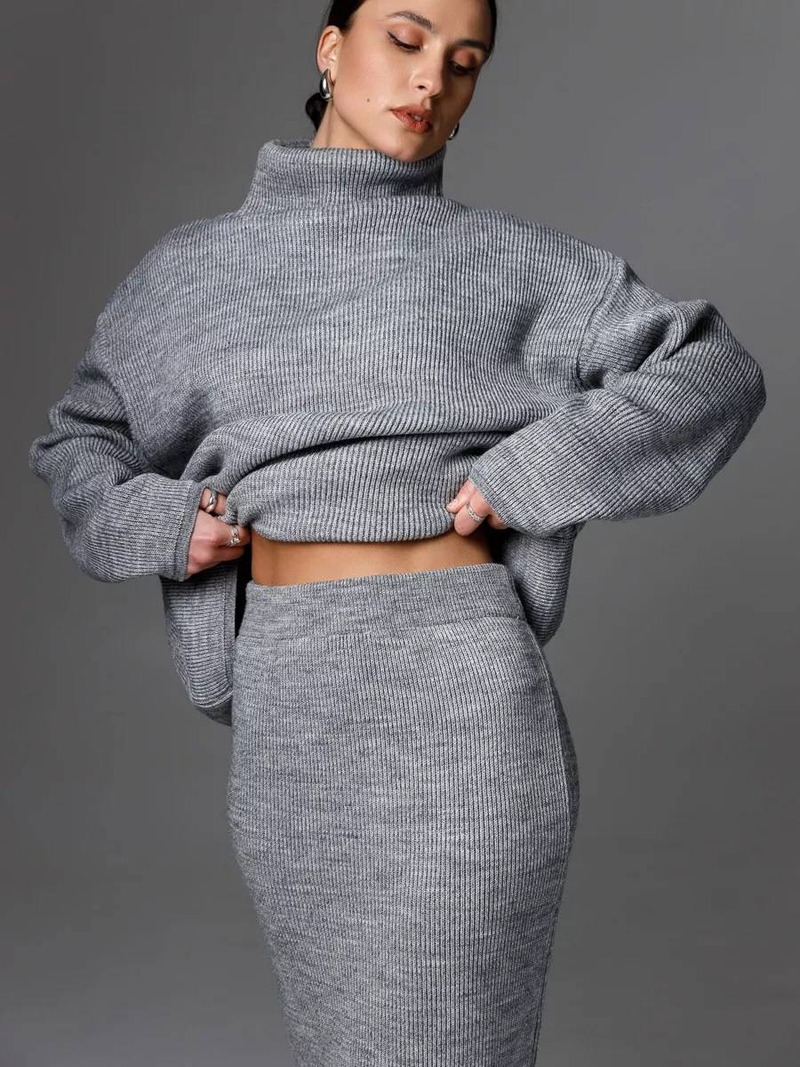Knitted High-neck Sweater & Slim-fit Skirt Set – Elegant Two-piece Outfit In Beige, Olive Green, White, Green, Yellow, Light Gray, Emerald, Black_voghion.com
