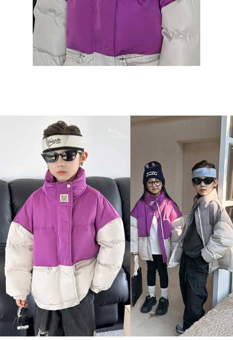Kinderpufferjack met colorblock-design – 90% witte eendendonsjas, opstaande kraag, winterklaar voor jongens en meisjes (110-150 cm)_voghion.com