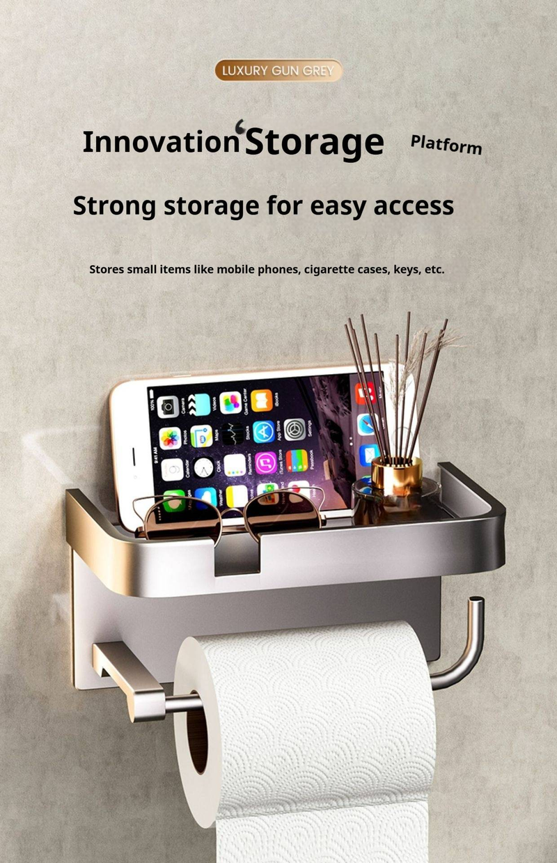 Portarrollos de papel higiénico de doble capa con soporte para teléfono, organizador de papel higiénico de pared, moderno dispensador de papel de aluminio_voghion.com