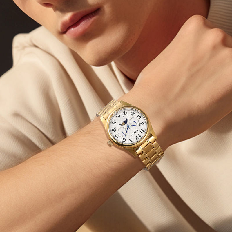 BERNY Watches For Men MultiFunction Analog Quartz Moon Phase Watch With Day Date Stainless Steel Easy To Read Waterproof Dress Men's Wrist Watch_voghion.com