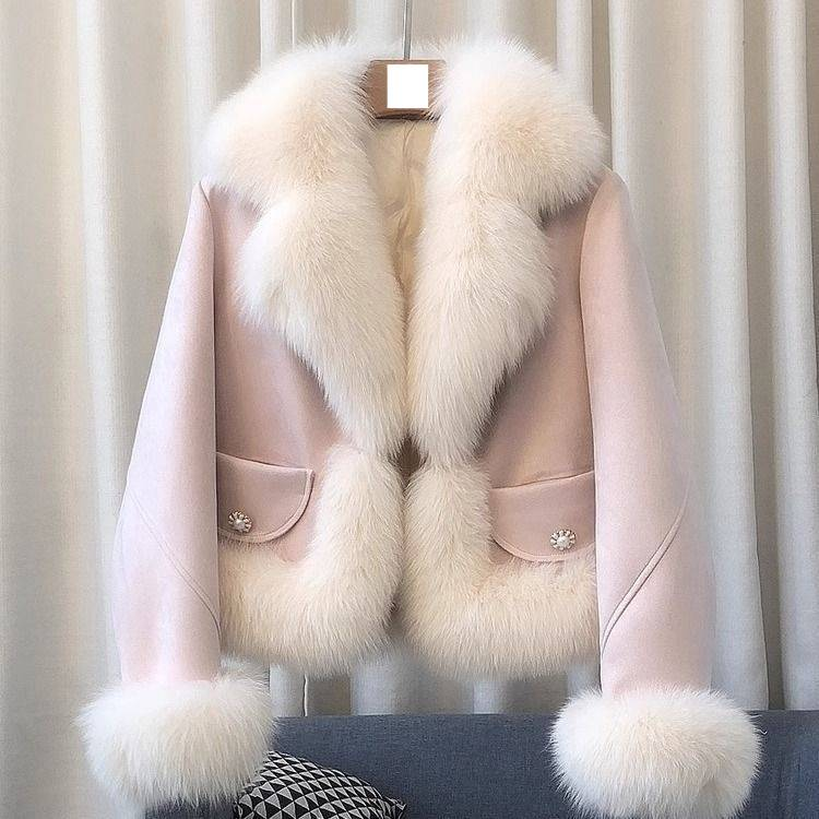Women's Faux Fox Fur Short Coat - Elegant Style Jacket With Faux Suede Trim, Slim Fit, Winter Warm Outerwear (Blue, Pink, Beige, Camel)_voghion.com