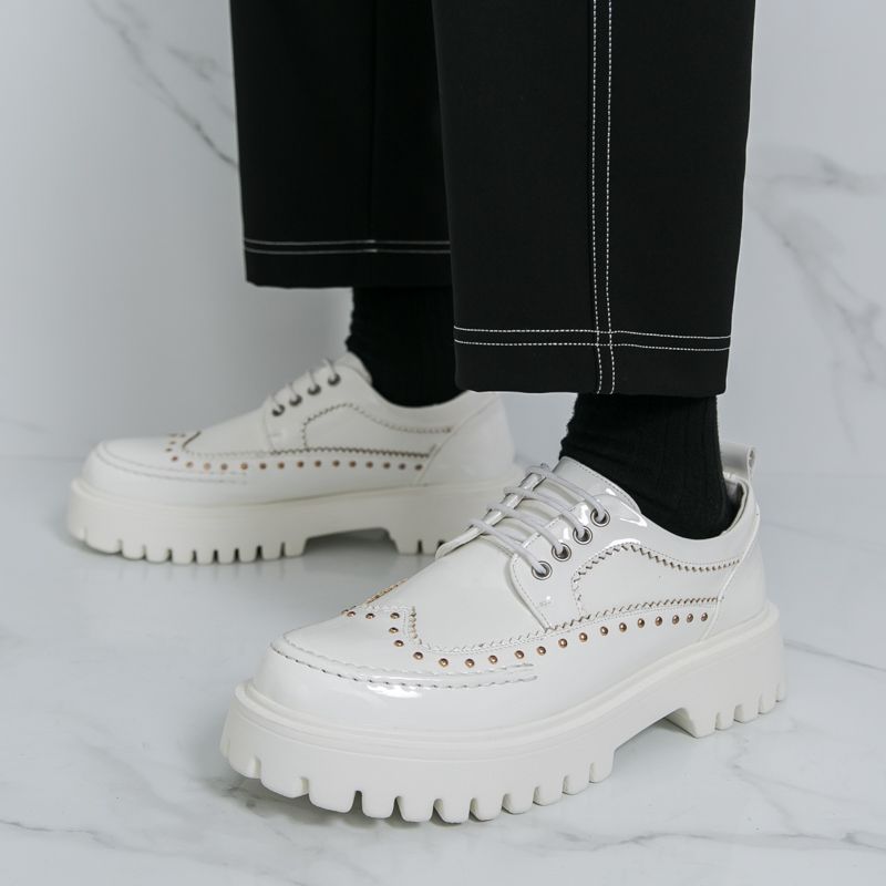 İngiliz Moda Erkek Büyük Baş Siyah Beyaz Renk Bloklu Kalın Taban Yüksek Günlük Erkek Ayakkabıları Bağcıklı İş Ziyafet Düğün Deri Ayakkabılar_voghion.com