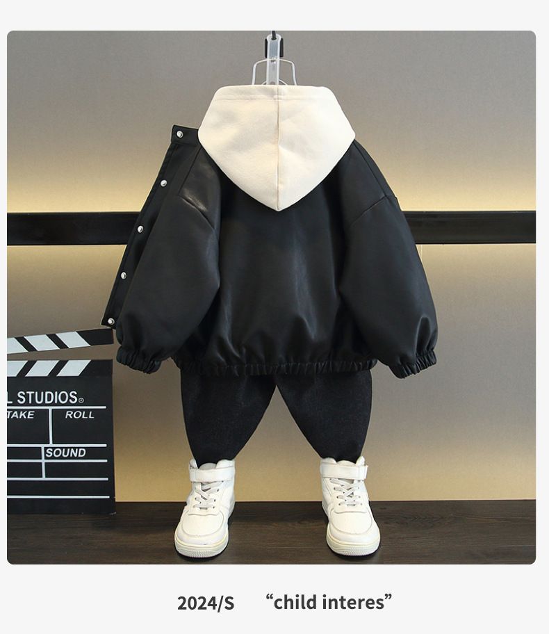 Giacca in pelle 2025 Nuovi vestiti per bambini primavera autunno, freschi e belli, felpa in stile coreano per ragazzi, set da due pezzi_voghion.com