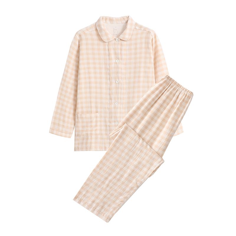 Conjunto de pijama de algodão macio e respirável de camada dupla para mulheres e homens - Roupa aconchegante para casa com xadrez clássico e cores sólidas_voghion.com