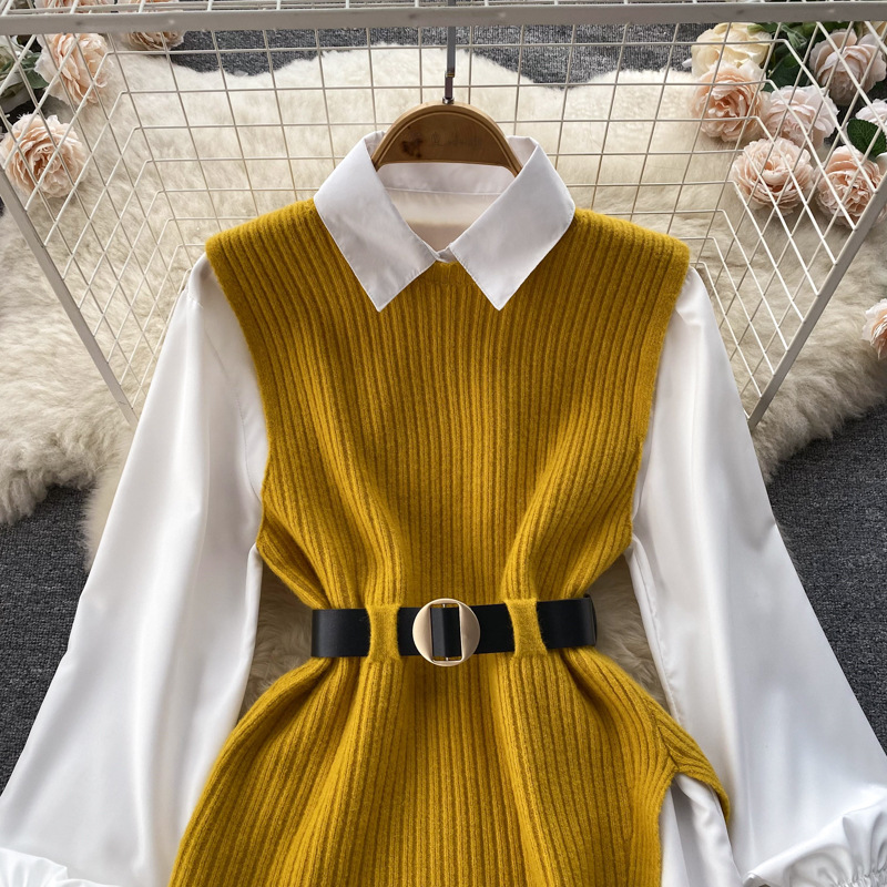 Set de două piese pentru femei, cămașă albă cu mâneci lungi și vestă din tricot despicat_voghion.com