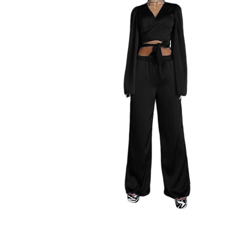 Autumn solid color long-sleeved tops straight trousers casual suit two-piece set_voghion.com