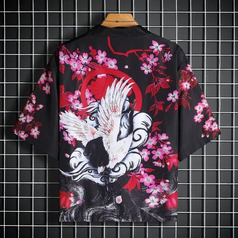 Cardigan de style ethnique, kimono, ample et décontracté, manches sept-quarts peintes Ukiyo-e, pour hommes et femmes, robe tissée en plumes_voghion.com