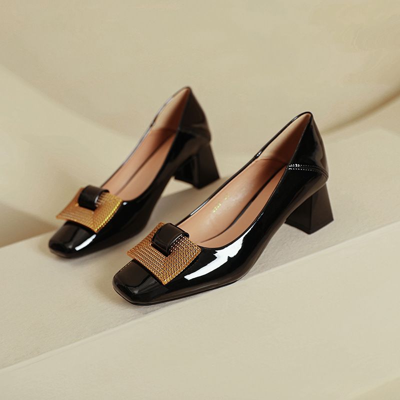 Chunky High Heels Comfortable 2025 New Red Wedding Mid Heel Spring Autumn Women's Patent Leather Square Toe Shallow_voghion.com
