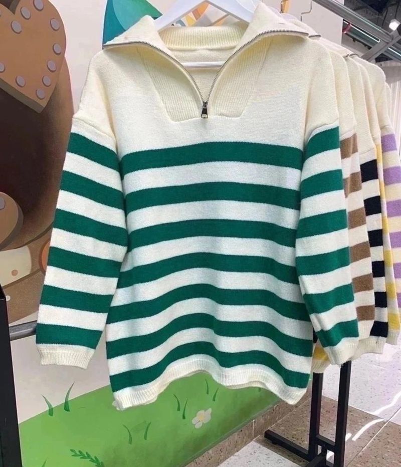 Half rits revers contrasterende kleur losse plus gestreepte gebreide trui jas brede streep_voghion.com