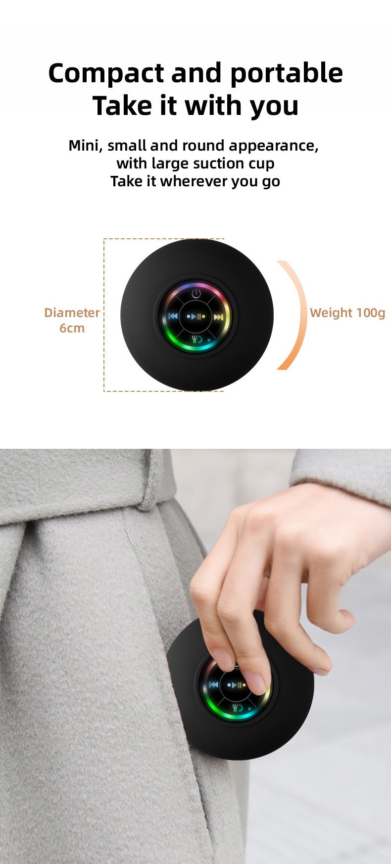 Alto-falante sem fio à prova d'água com grande ventosa, mini alto-falante estéreo portátil com luz LED_voghion.com