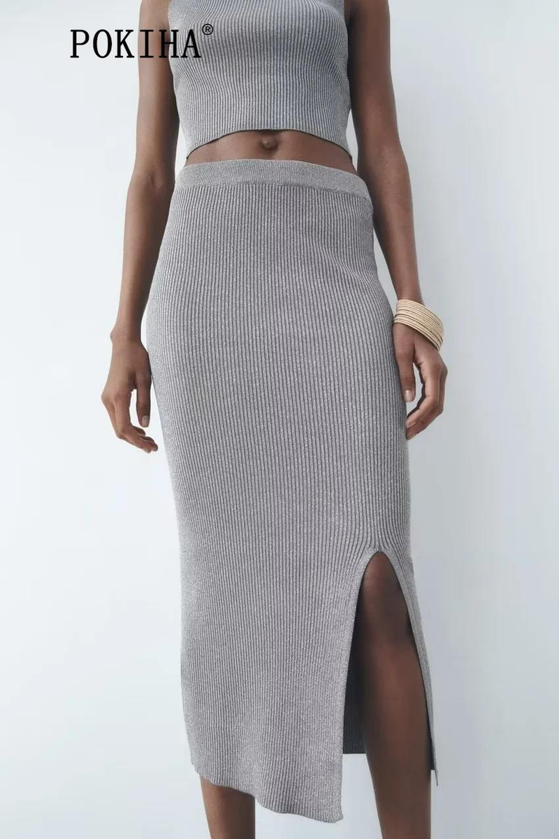 Pokiha Moda Donna Canotte corte lavorate a maglia metallizzata e gonne longuette divise in vita elastica sottile Donna Chic in due pezzi_voghion.com