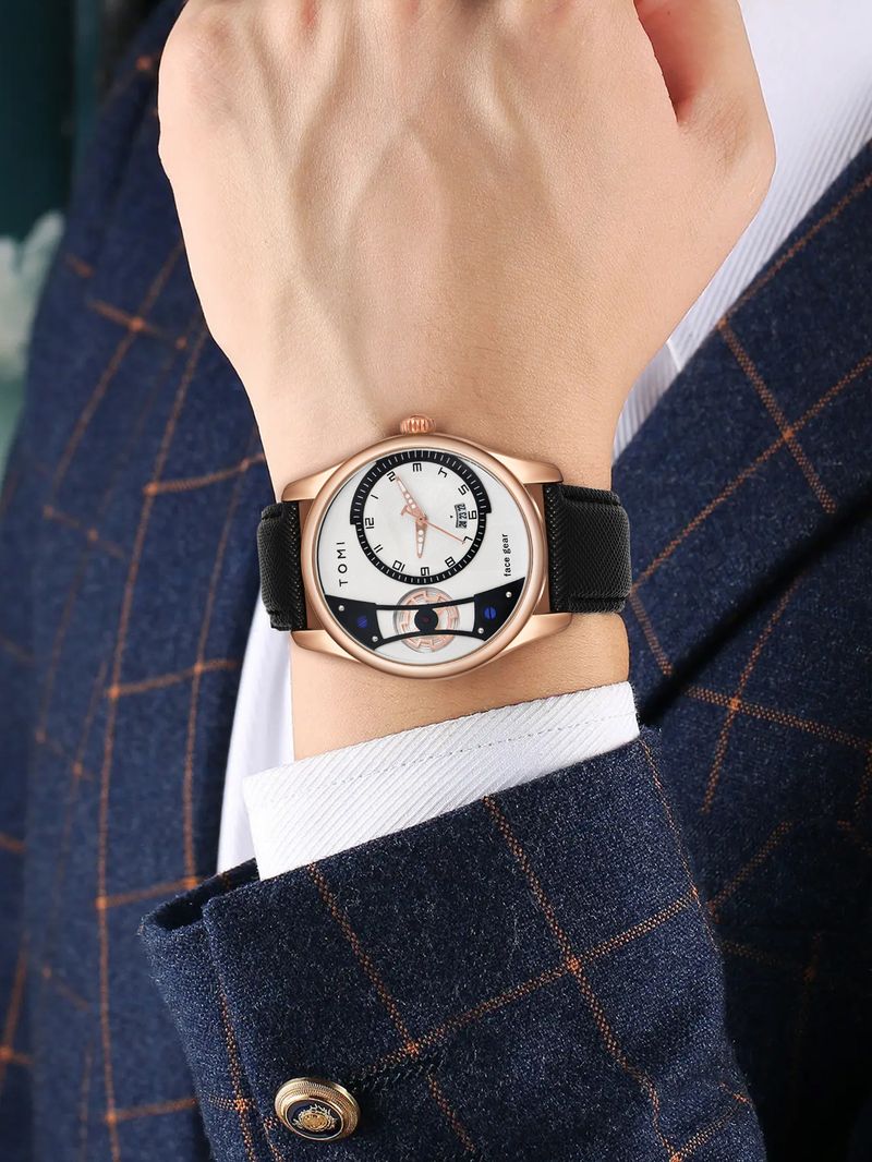 Men's Classic Quartz Watch With Genuine Leather Strap, Minimalist Design, Stainless Steel Buckle, Perfect For Business And Casual Wear_voghion.com