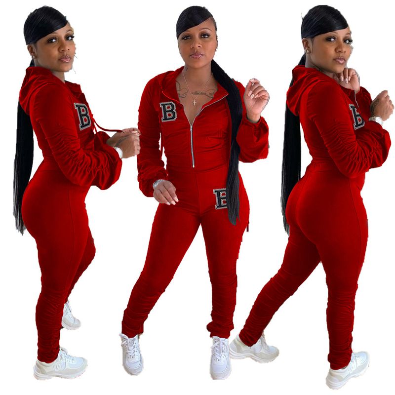 Vêtements pour femmes Mode féminine Vente chaude Lettre B Combinaison de sport plissée à fermeture éclair deux pièces_voghion.com