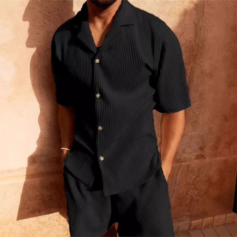 Nuovo set da allenamento per corsa, pantaloncini e maglietta sportiva da uomo in velluto a coste casual con risvolto_voghion.com