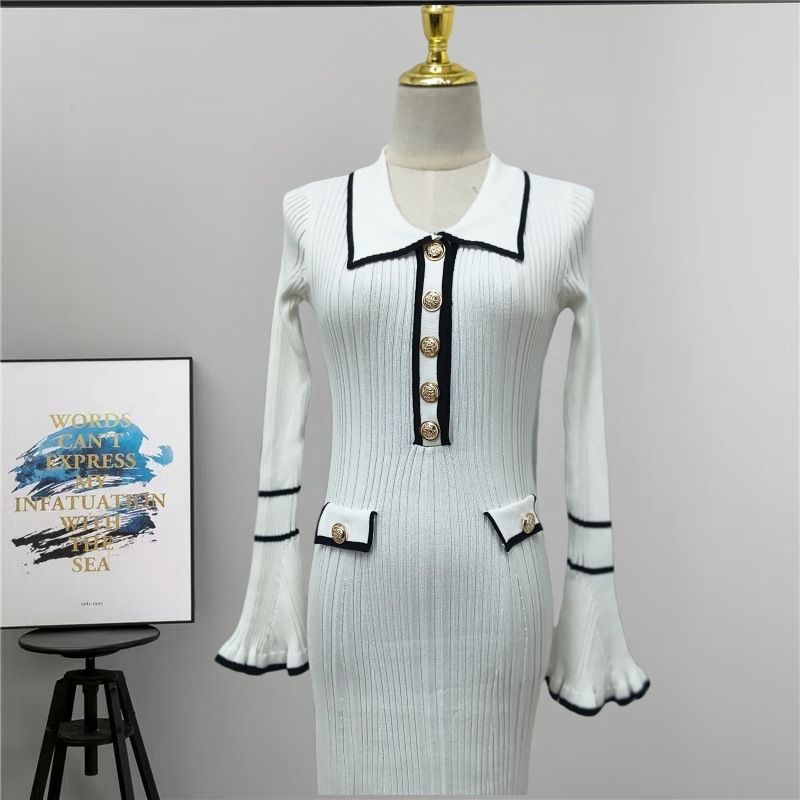 Inspired Strickkleid mit Babydoll-Kragen – X-Linien-Langarmkleid für Damen mit ausgestelltem Saum und Knopfdetail (S-XL, einfarbig, hohe Taille)_voghion.com