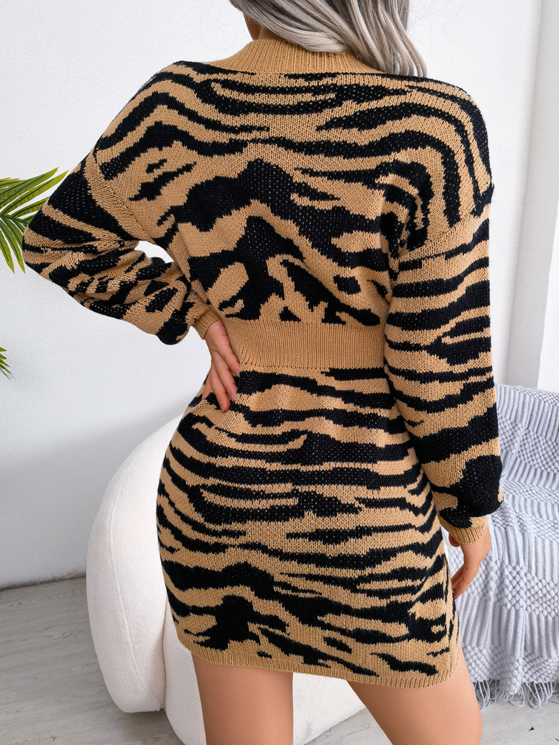 Ins Style Herbst Winter Mode Tiger Print Laterne Ärmel Taille-Cinching Pullover Kleid Damenbekleidung_voghion.com
