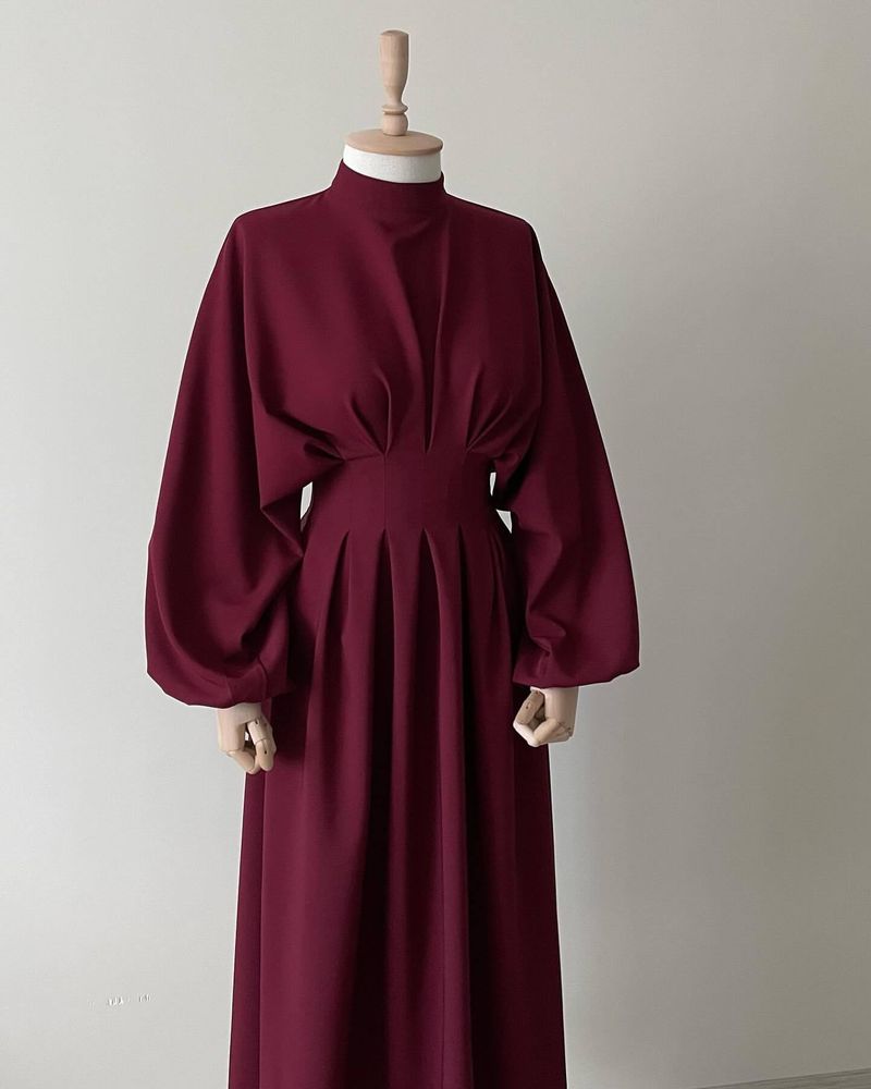 Abbigliamento donna Medio Oriente Turchia Dubai Abito tinta unita con maniche a palloncino Lr728_voghion.com