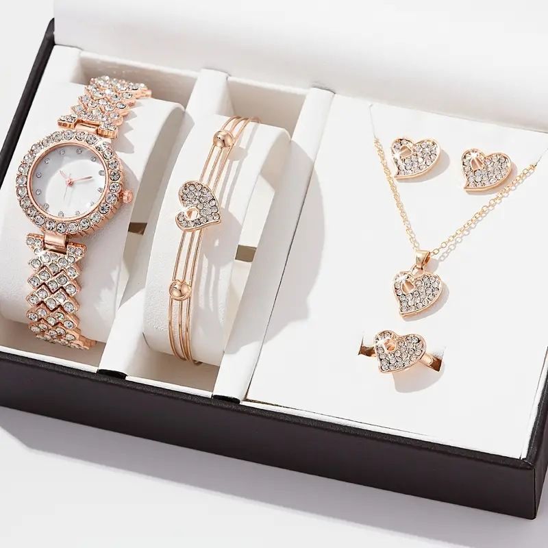 Set de 6 ceasuri de damă cu cuarț din oțel fără solzi și diamante + set de bijuterii cu inimă_voghion.com