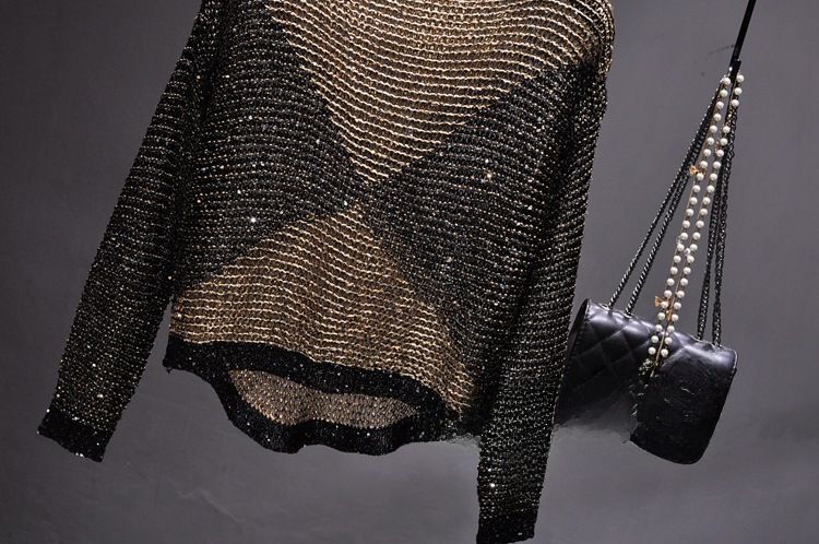 Maglione in maglia larga con paillettes cave europee e americane, vendita calda transfrontaliera, camicia in seta brillante a maniche lunghe_voghion.com