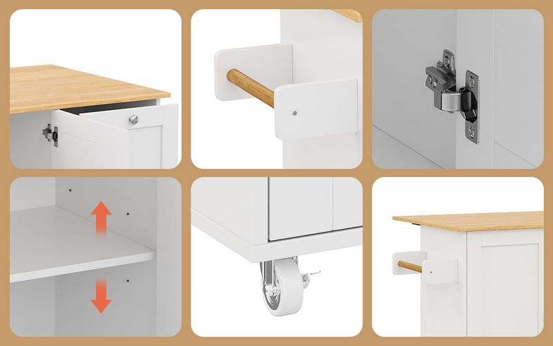 Mobiler Küchentisch Eichenholz, Klappbar, 3 Schubladen, Handtuchhalter 135x90cm_voghion.com