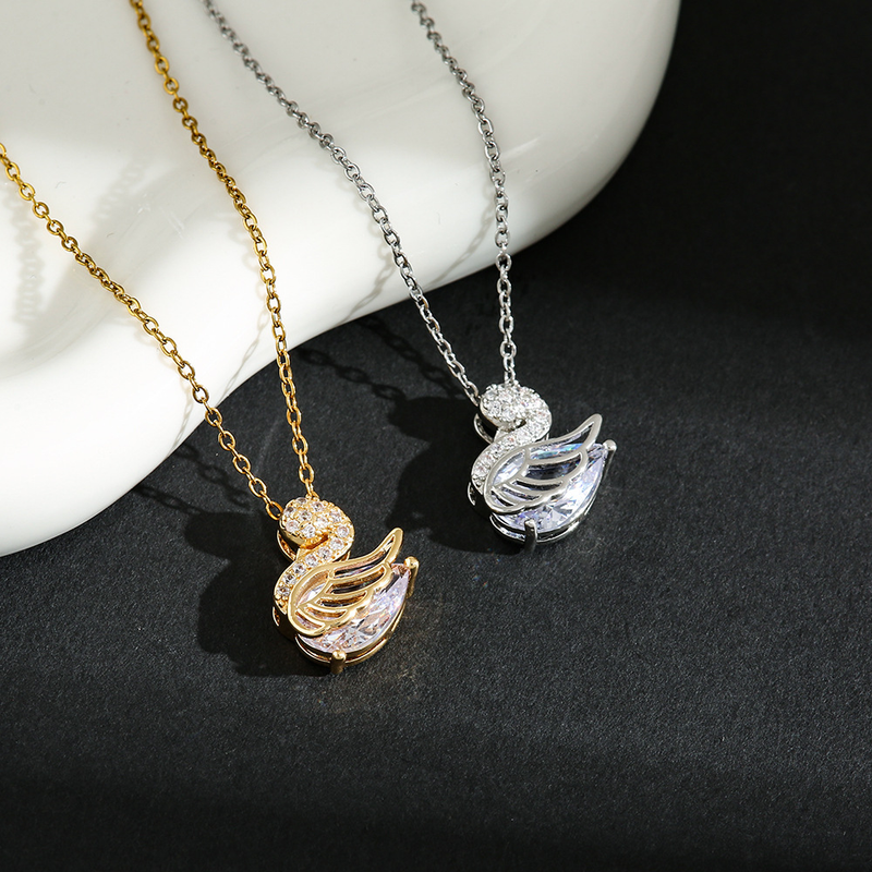 Stainless Steel Gold Plated Fashion Cute Crystal Swan Pendant Necklace For Women Princess Birthday Party Jewelry Gifts_voghion.com