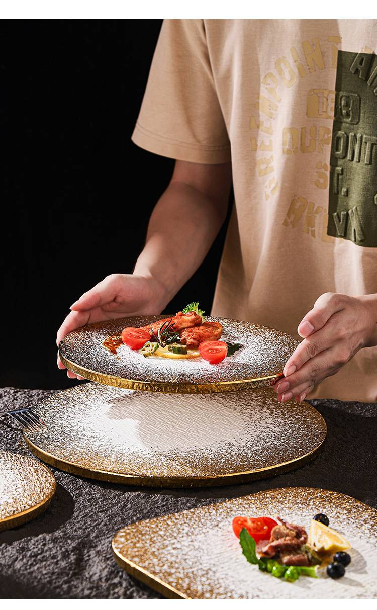 Moderner Essteller aus Keramik mit goldenem Marmor – quadratische und runde Teller mit matter Oberfläche für Steak, Restaurant, Hotel (Steinstruktur, minimalistischer Stil)_voghion.com