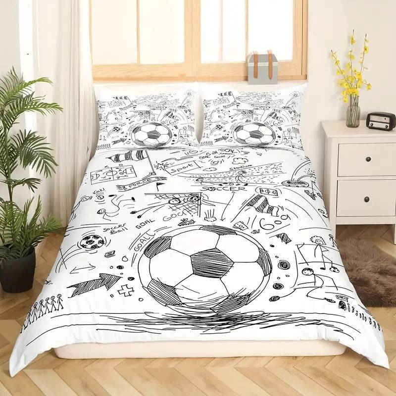 Copripiumino con motivo a pallone da calcio dipinto a mano, morbido e confortevole, set di biancheria da letto per camera da letto degli ospiti._voghion.com