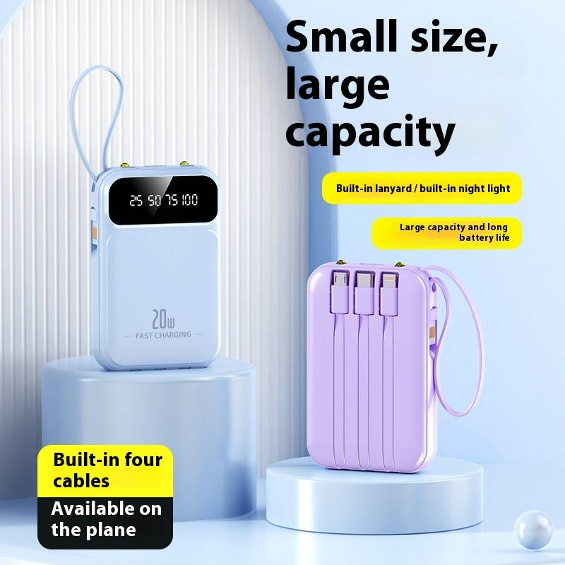Banco de energia portátil ultrafino de 20.000 mAh com cabos integrados e lanterna LED, mini bateria externa para iPhone e Android_voghion.com