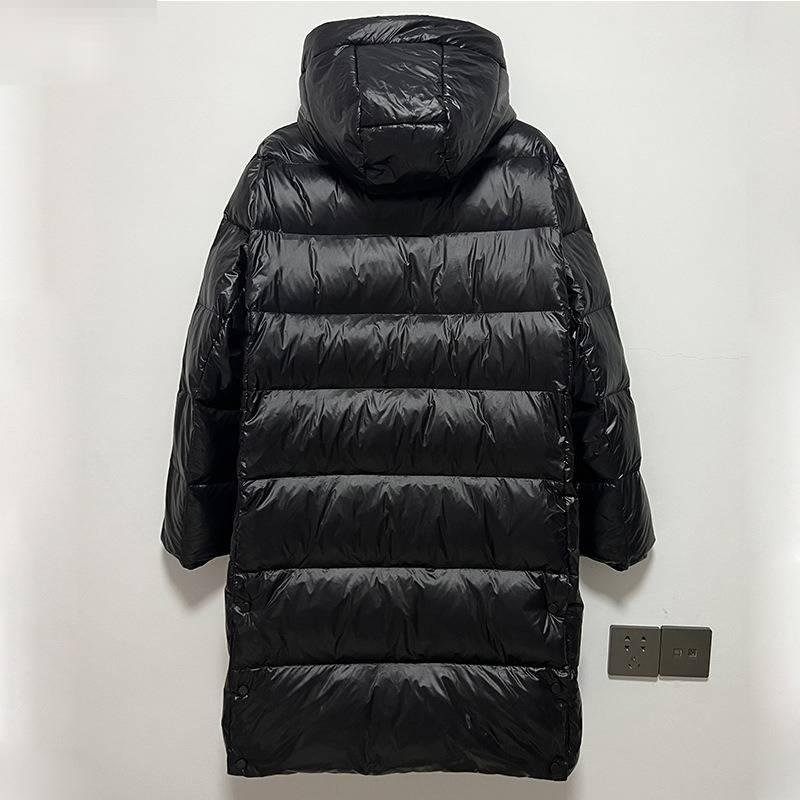 Unisex Black & Gold 7-Panel Long Down Coat, Knee-Length White Goose Feather Jacket, Thickened Winter Parka With High Neck_voghion.com