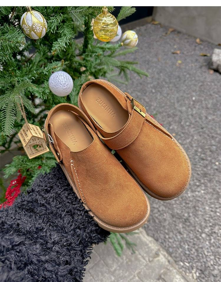 Women's Shoes Chunky Buckle Sandals With Round Toe - Soft Suede Leather Upper & Breathable Cork Footbed - Slip-On Mule Design For Everyday Comfort_voghion.com