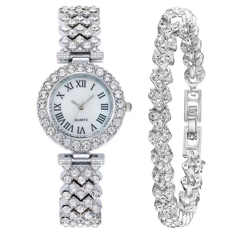 Gypsophila Armband Set Volldiamant Römisches Stahlband Quarz Damenuhr_voghion.com