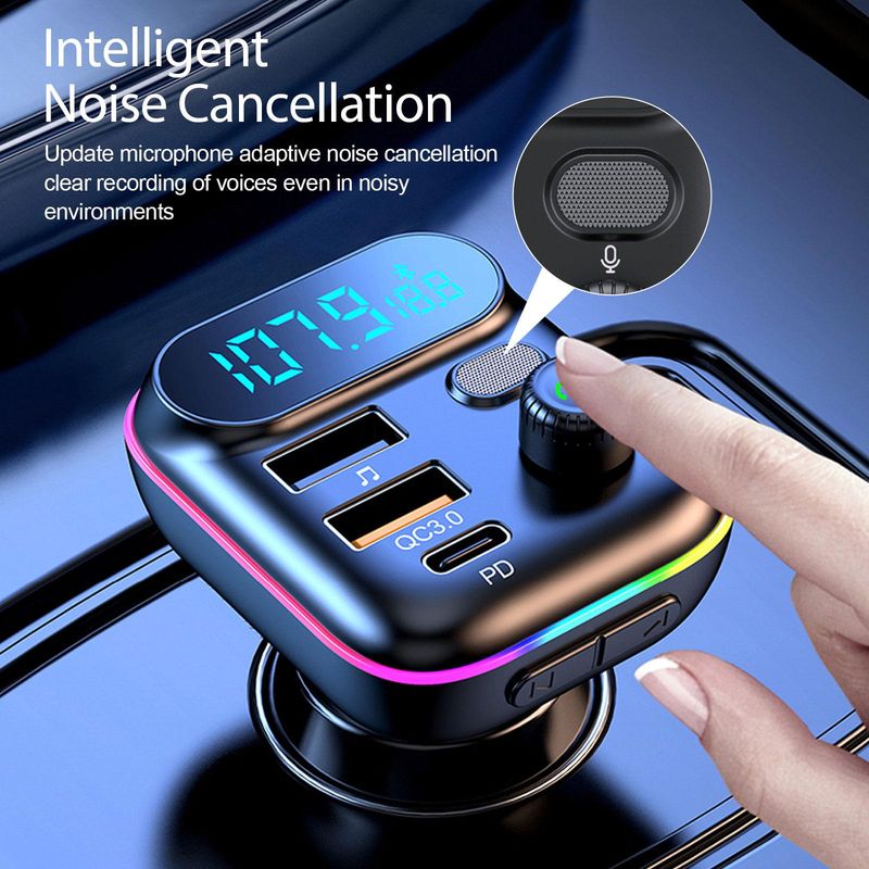 Car Fast Bluetooth 5.0 FM Transmitter PD Dual Player Music Type-C Colorful Ambient MP3 Light Cigarette Lighter USB C0E3_voghion.com