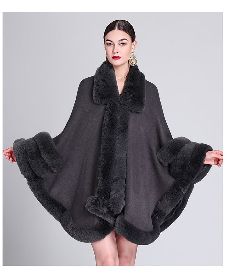 Pelerină cu guler de blană, cardigan tricotat lejer, mărime plus, pelerină pentru femei_voghion.com