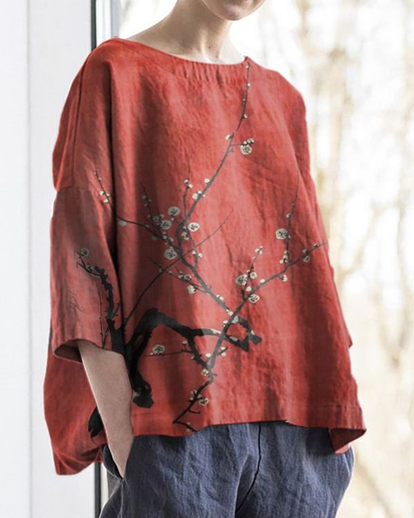 Women's Clothing Flower Elements Bamboo Linen Large Round Neck Drop Shoulder Loose Three Quarter Sleeve T_voghion.com