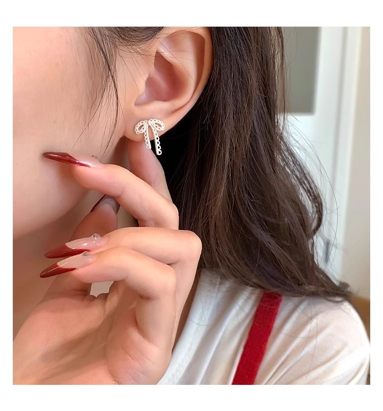 Tiqi S Pure Sier Ballet Style Matte Bow Feminine Temperament, Sweet Lace Fashion Earrings, Trendy_voghion.com