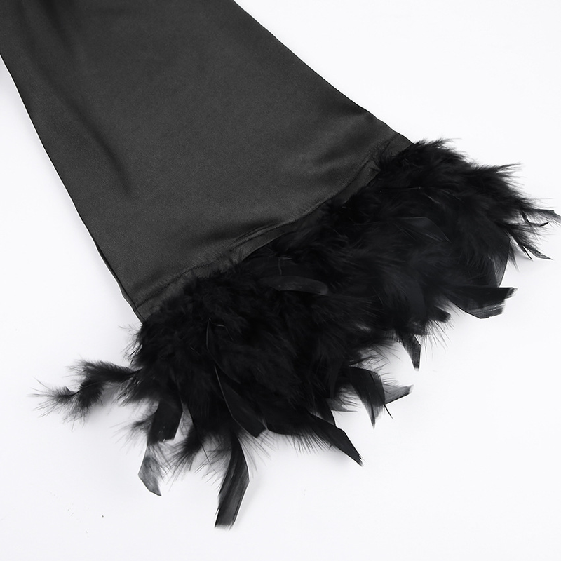 Weißes, leichtes, luxuriöses und bequemes Langarm-Nachthemd aus Satin mit Federn, modisch, exklusiv für Damen zu Hause_voghion.com