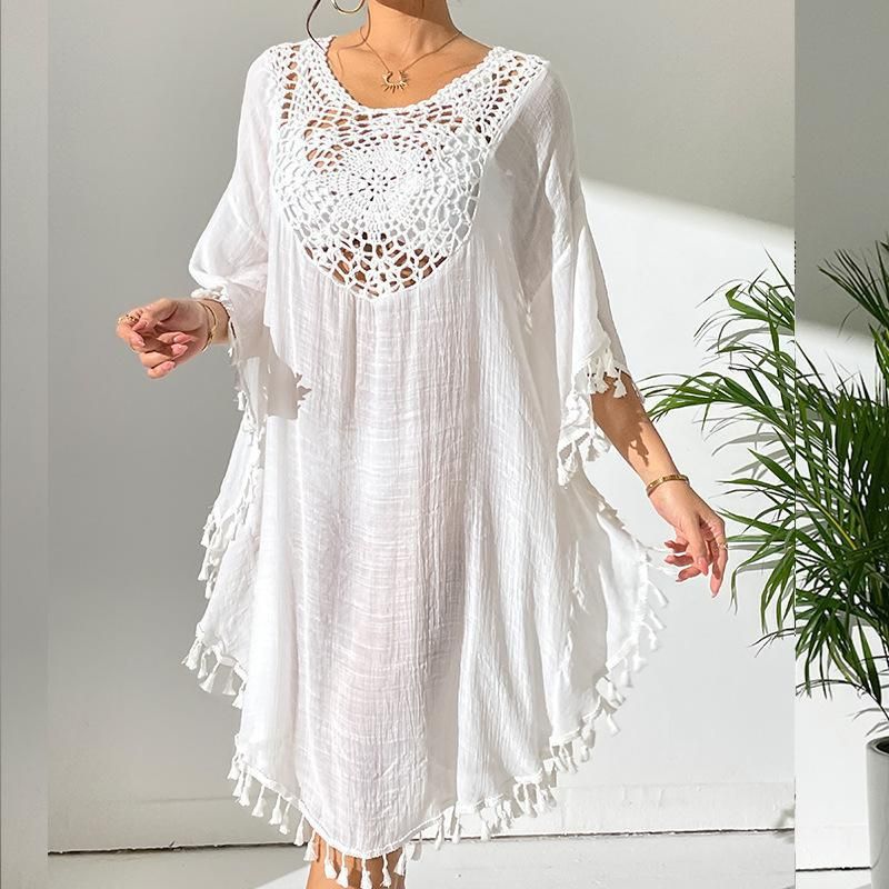 Crochet-Trimmed Polyester Beach Cover-Up – Flowy & Sexy Bikini Wrap For Vacation & Swim (One Size) – Lightweight & Stylish_voghion.com