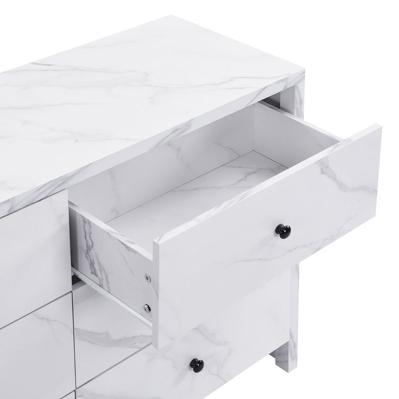 Credenza 120 cm Mit Marmor-Optik, 6 Schubladen, Schwarzem Holzgriff_voghion.com