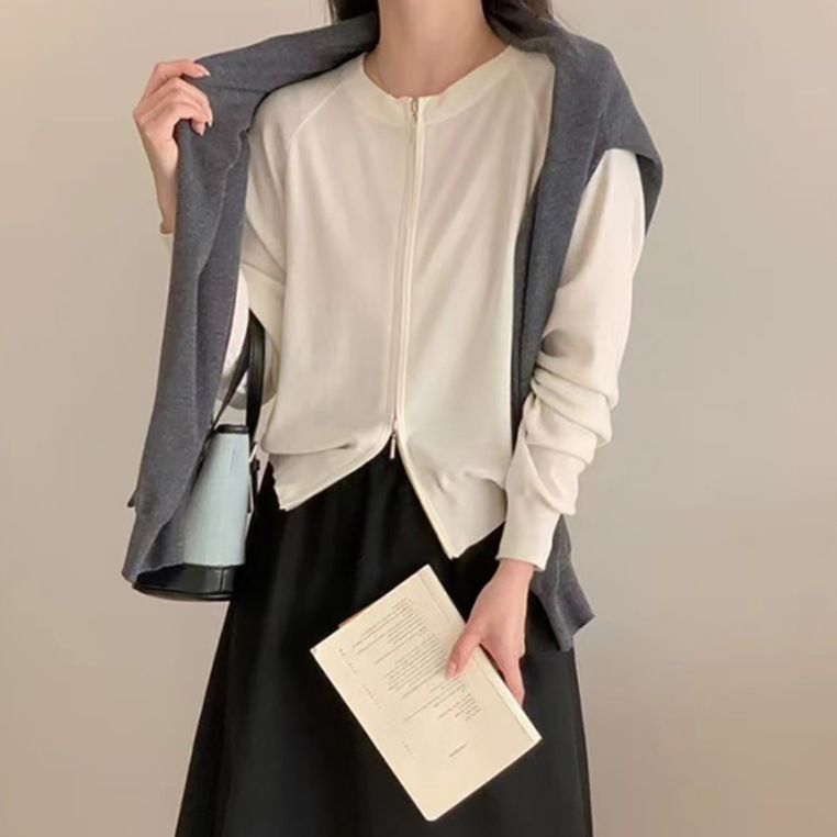 Women's Oversized Zip-Up Knit Cardigan With Dual Zippers - Soft Long Sleeve Casual Sweater For Everyday Comfort_voghion.com