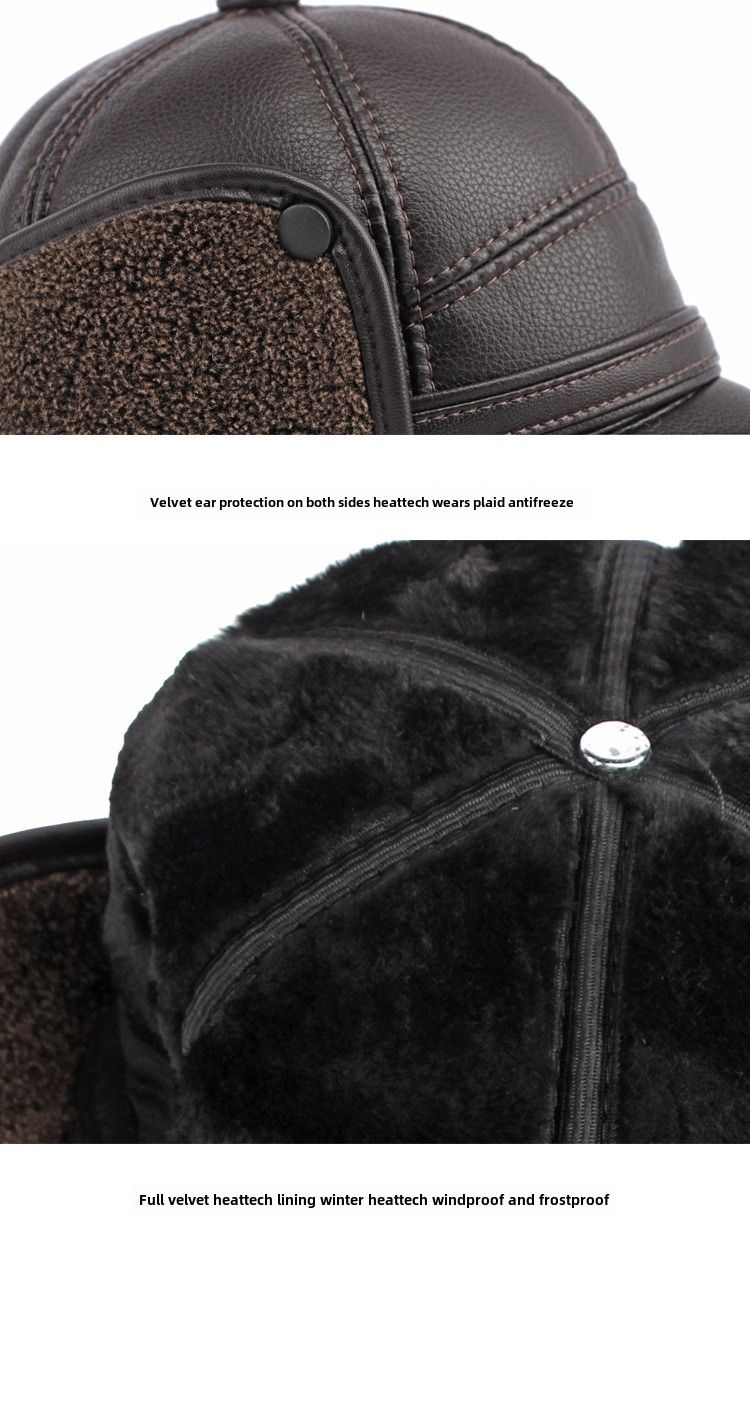 Hat men's winter ear protection neck warm in the elderly cap pu leather windproof cold velvet baseball cap_voghion.com