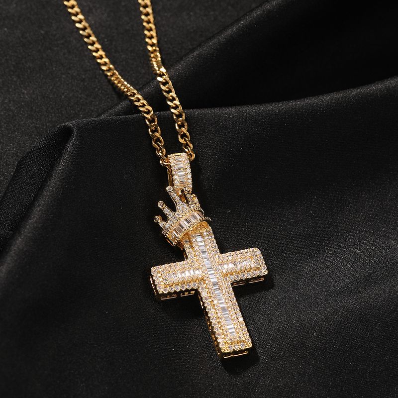 Collana con ciondolo a croce con corona completa per uomo, in rame con zirconi intarsiati, stile hip hop punk, alla moda_voghion.com