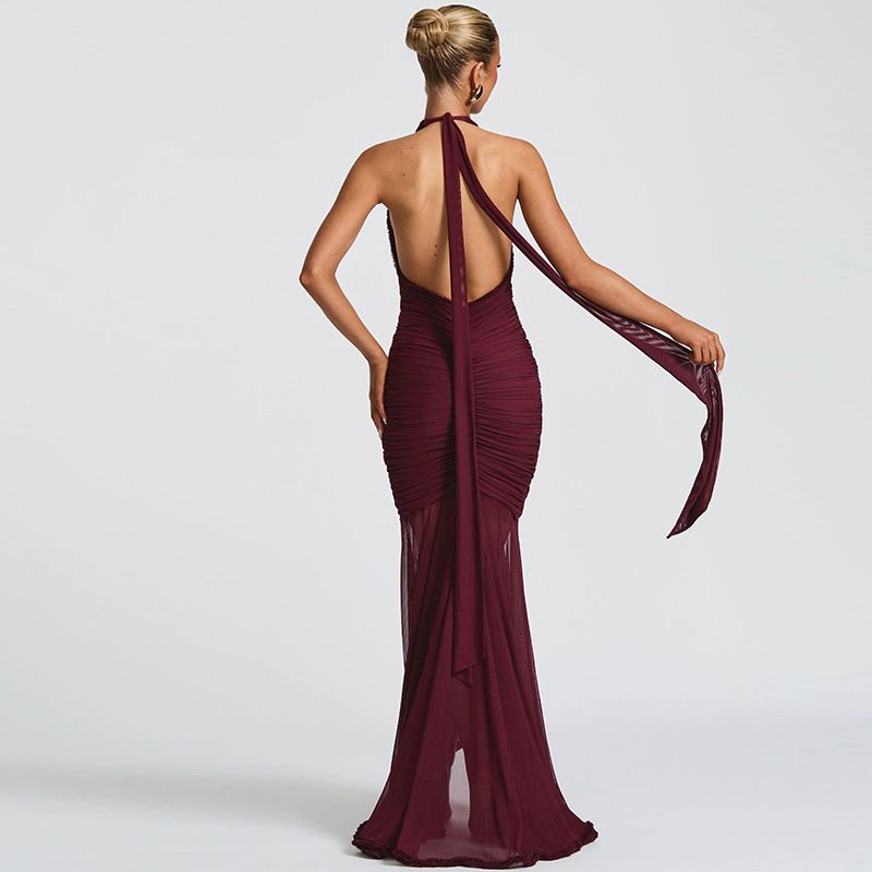 Elegante abito da sera con scollo a V e schiena scoperta – Abito a sirena aderente e in rete trasparente per donna (nero/rosso vino, S/M/L)_voghion.com