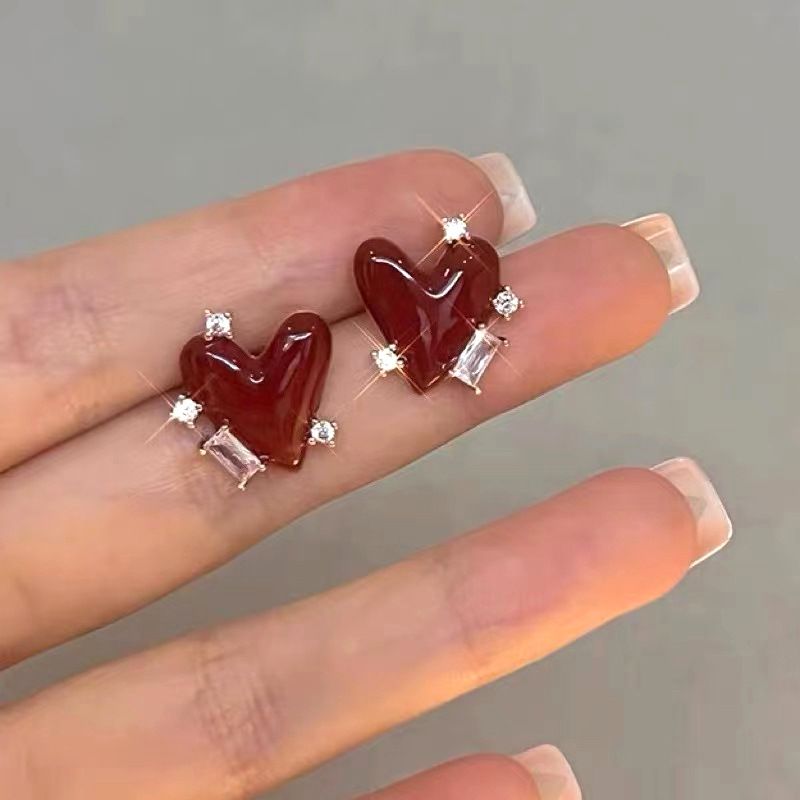 Orecchini di garofano di tendenza coreana - Cuore rosso da donna, retrò, cristallo, personalizzati, pesca, orecchini, regali di compleanno,_voghion.com