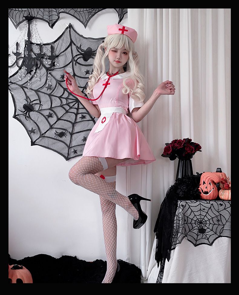 Sexy pinkes Krankenschwesterkostüm für Damen - Japanisches Kawaii-Rollenspielkleid mit Stirnband, Armbändern und Schürze - Halloween-Cosplay-Outfit_voghion.com