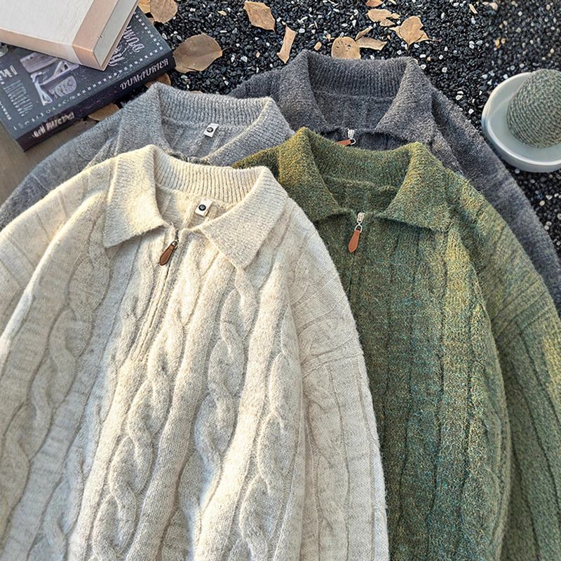 Unisex-Strickpullover mit halbem Reißverschluss – Winterpullover mit Polokragen (M-XXL, Grau/Grün, dickes und atmungsaktives Polyester)_voghion.com