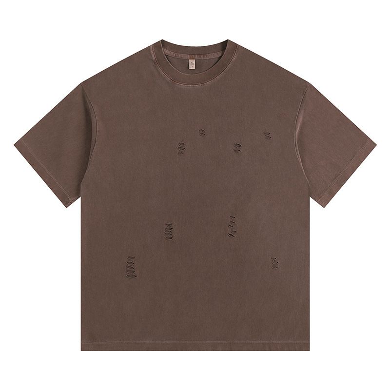 2025d 260g American Style Solid Color Crew Neck Distressed Cool Vintage Washed T-Shirt With Embroidered Text_voghion.com