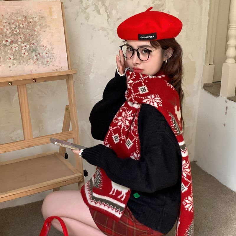 Niedlicher Wollschal mit Hirschmotiv für das neue Jahr und Weihnachten 2024, neuer luxuriöser, warmer Schal im Pärchenstil_voghion.com