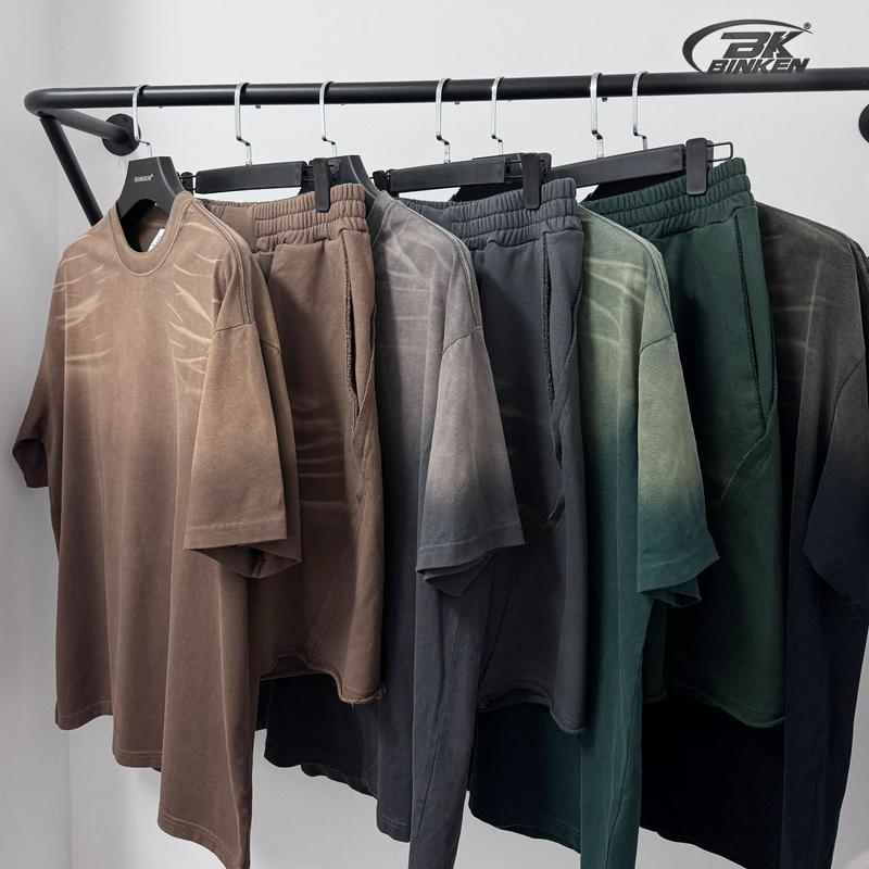 Abbigliamento da uomo, ampio, a maniche corte, stile High Street, vecchio, lavato, pantaloncini a maniche corte, completo_voghion.com