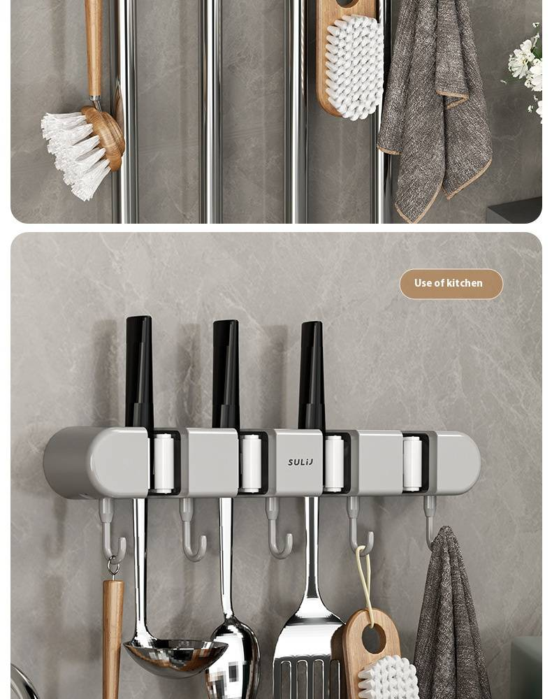 Plastic Wall-Mounted Broom Holder – Space-Saving Tool Organizer For Mops, Brooms & Cleaning Supplies (4-Pack, Gray/White)_voghion.com