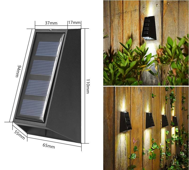Luminária de parede solar para áreas externas, à prova d'água, para decoração de jardim, para pátio, cerca, quintal, paisagem, luminária de parede trapezoidal de 3 LEDs para cima e para baixo_voghion.com